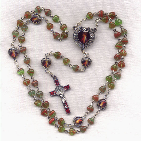 Divine Mercy Our Fathers Glass Heart Bead rosary H03
