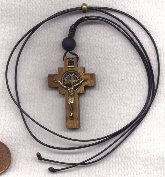 St Benedict Medal Wood Crucifix cord necklace NCK11