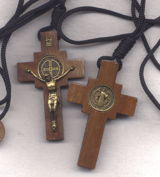St Benedict Medal Wood Crucifix cord necklace bronze finish NCK16
