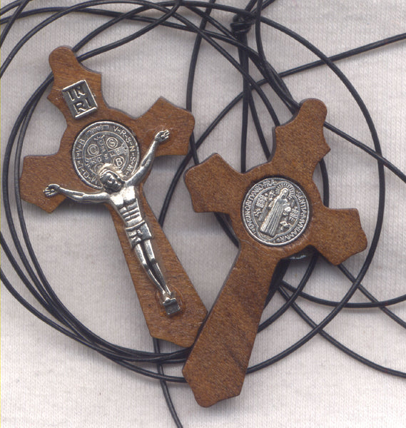 St Benedict Medal Wood Crucifix Cord Necklace NCK22