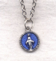 Miraculous Medal Blue Enamel Chain Necklace silvertone NCK39