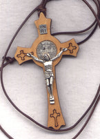 St Benedict Medal Wood Crucifix cord necklace silver finish NCK75
