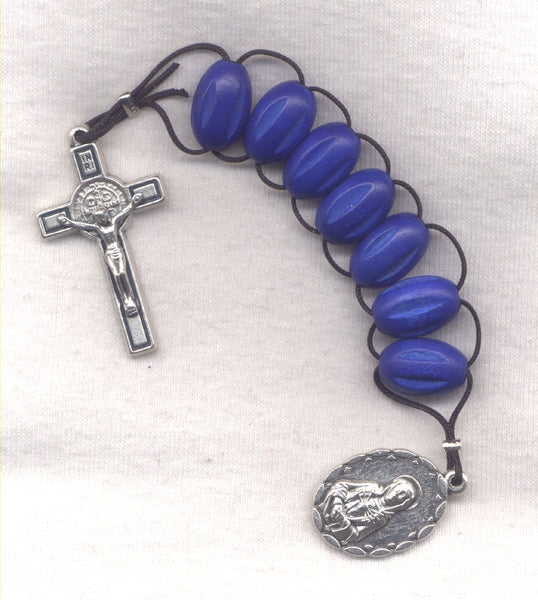7 Sorrows One Decade Pull Rosary Blue Wood Beads PL14