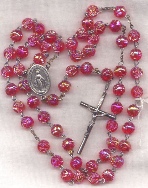 Miraculous Medal Rosary AB Red Rosebud Bead Rosary R04