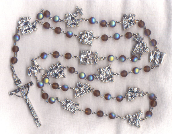 Stations of the Cross Chaplet frosted AB brown glass beads STN03