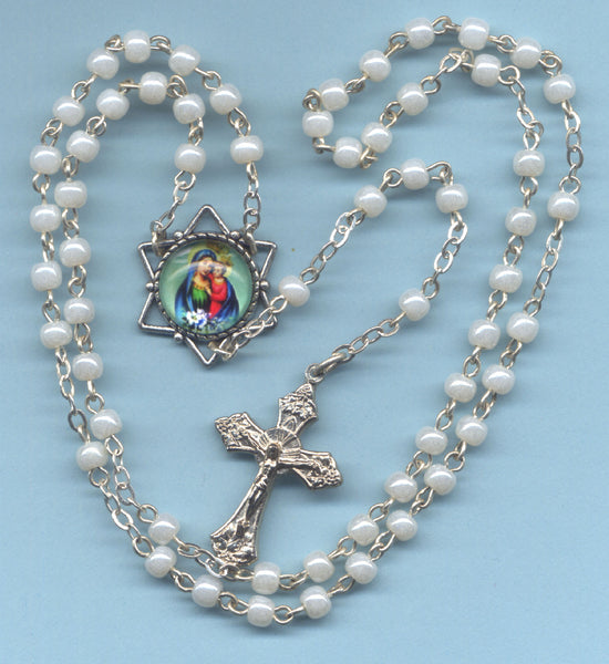 Queen of Heaven White Mini Pearl Rosary V45
