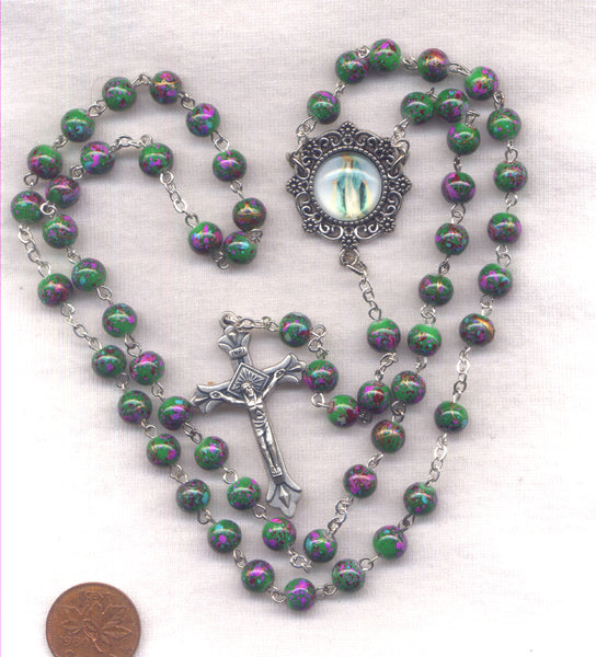 Our Lady of Grace Lady in Blue green spatter finish Rosary V55