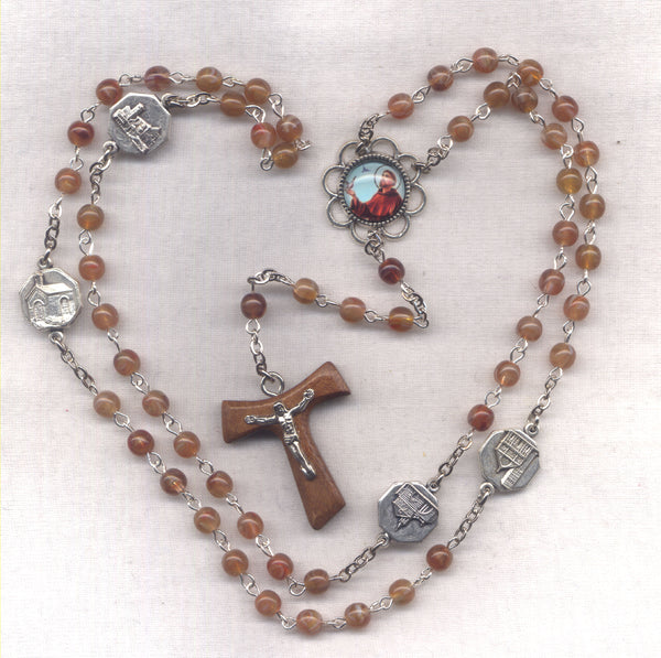 St Francis of Assisi brown glass rosary Tao crucifix V59