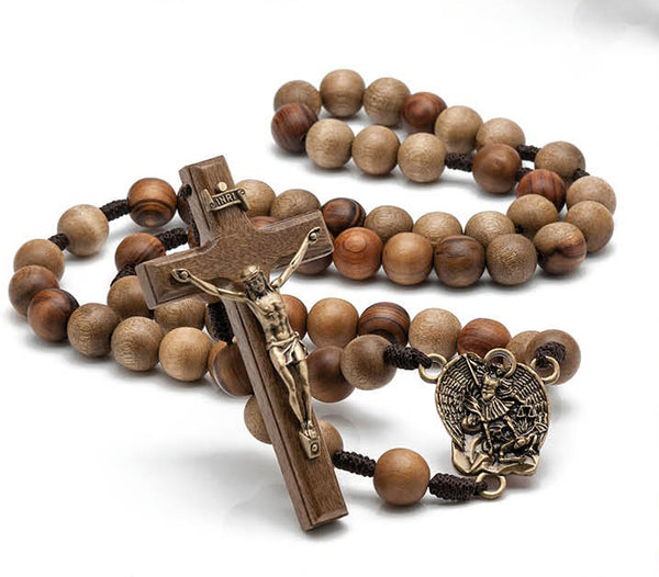 St Michael the Archangel Brown Wood Bead Cord Rosary  CD22